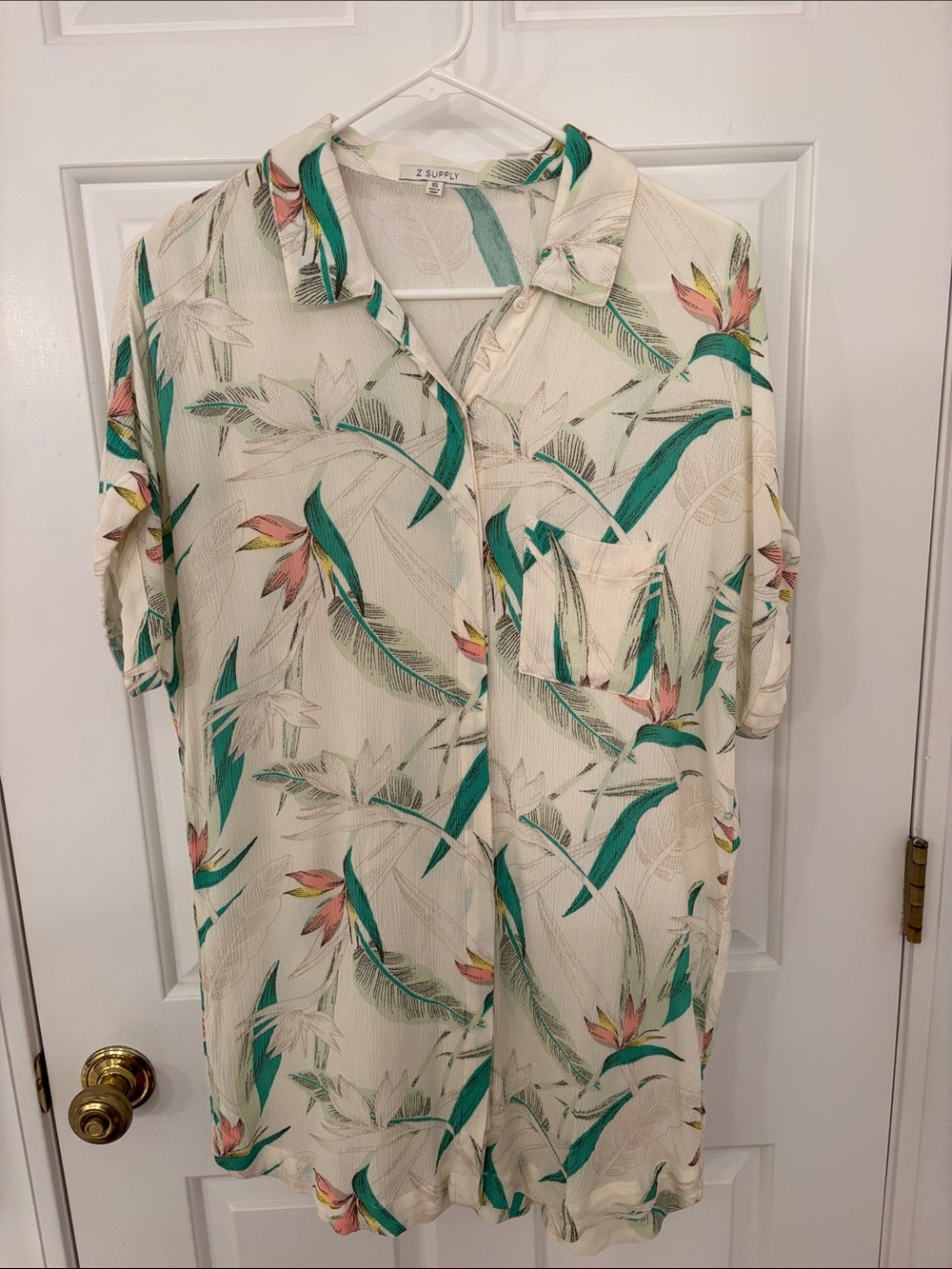 Z Supply Cream Tropical Camp Shirt with Teal & Coral Leaf Print